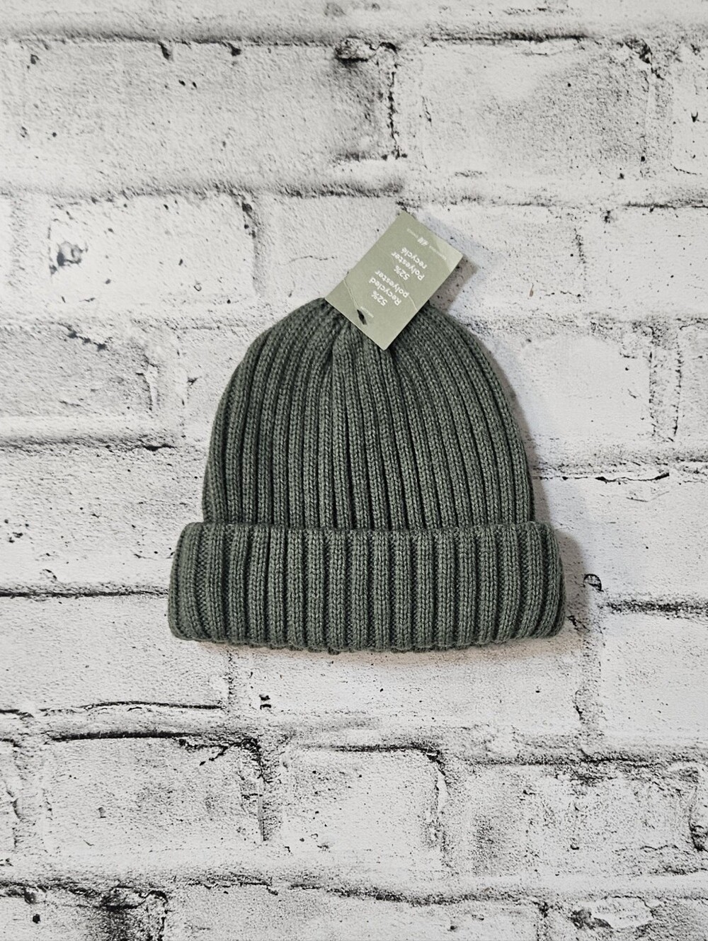 H&M Mens Olive Green Ribbed Knit Cuffed Beanie One Size NWT